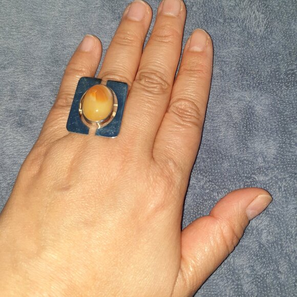 Unique Vintage European Modernist Apricot Carnelian Agate .800 Silver Ring - Picture 6 of 12